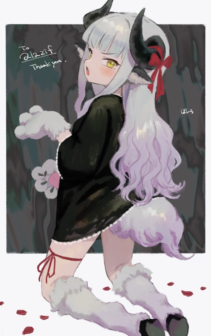 1girl, absurdres, animal_ears, animal_hands, baphomet_(monster_girl_encyclopedia), blush, bolero_(bo_le_ro66), claws, curled_horns, highres, hooves, horns, kneeling, liselotte_(alazif), long_hair, looking_at_viewer, looking_back, monster_girl_encyclopedia, open_mouth, original, red_ribbon, ribbon, second-party_source, sheep_horns, sheep_tail, solo, tail, white_hair, yellow_eyes