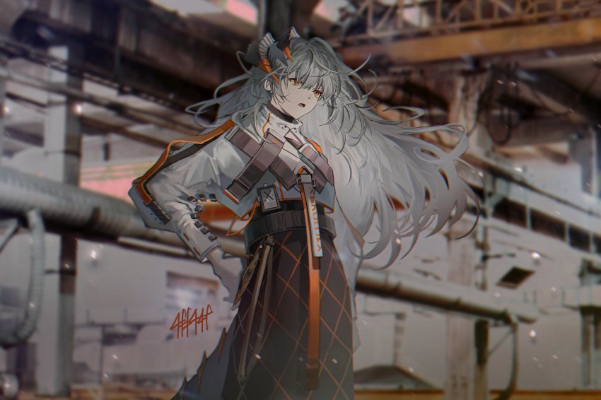 1girl, absurdres, arknights, artist_name, black_skirt, blouse, clear_(4ff44f), coat