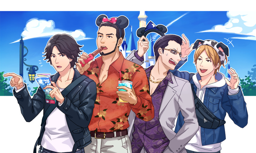 4boys, :d, animal_ears, beard, belt, black_hair, blonde_hair, blue_jacket