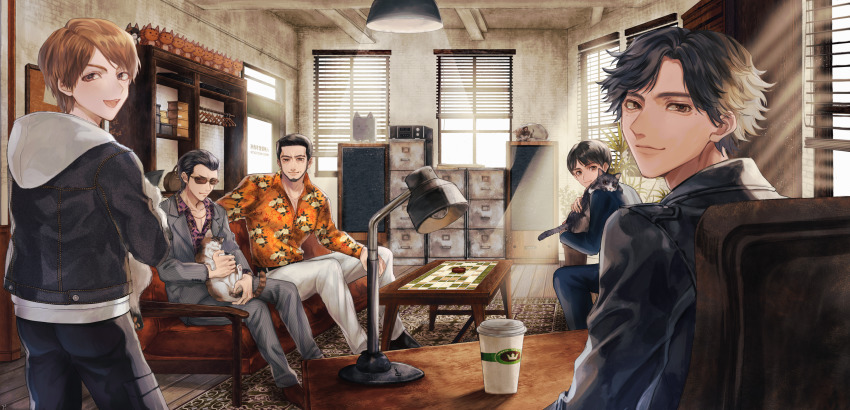 5boys, absurdres, animal, black_footwear, black_hair, black_jacket, black_pants, brown_footwear