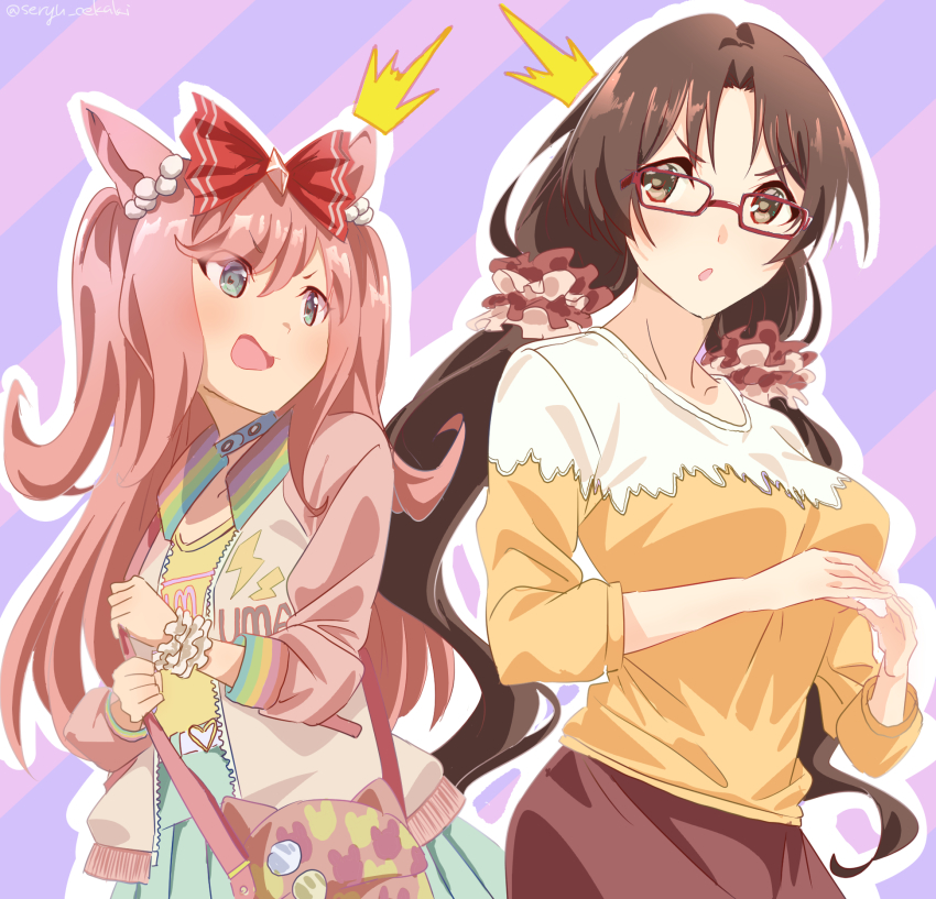 2girls, agnes_digital_(umamusume), animal_ears, blush, breasts, highres, horse_ears, horse_girl