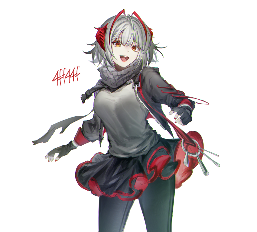 1girl, :d, absurdres, ahoge, arknights, black_gloves, black_pantyhose, black_scarf