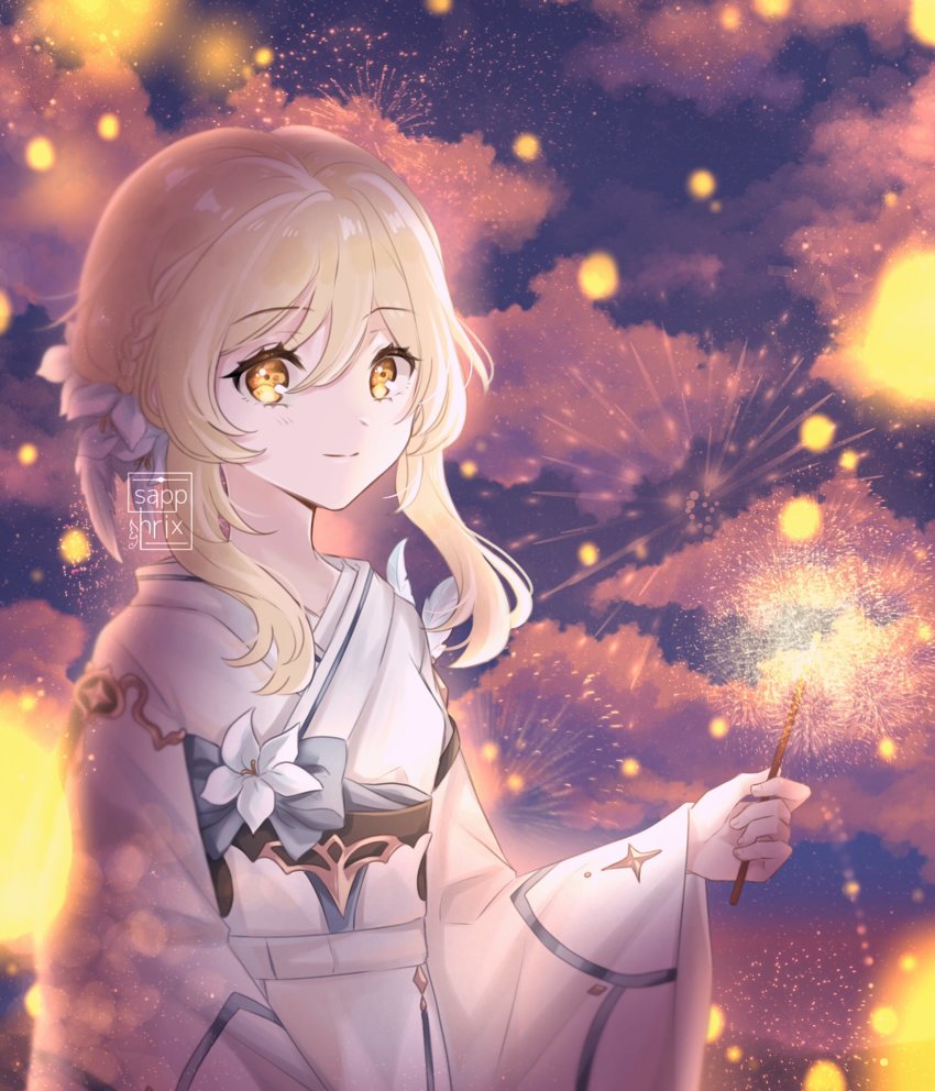 1girl, blurry, cloud, cloudy_sky, commentary, depth_of_field, english_commentary, flower