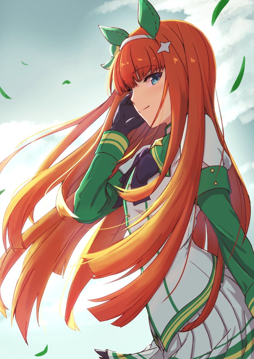 1girl, animal_ears, black_gloves, blue_eyes, blue_sky, blunt_bangs, closed_mouth, cloud