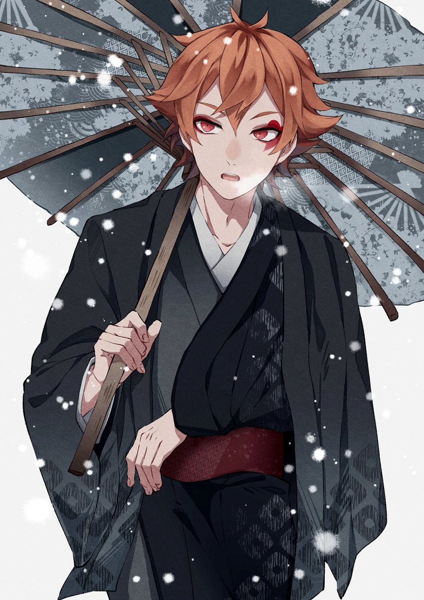1boy, ace_trappola, black_kimono, eyeliner, facial_mark, highres, holding, holding_umbrella