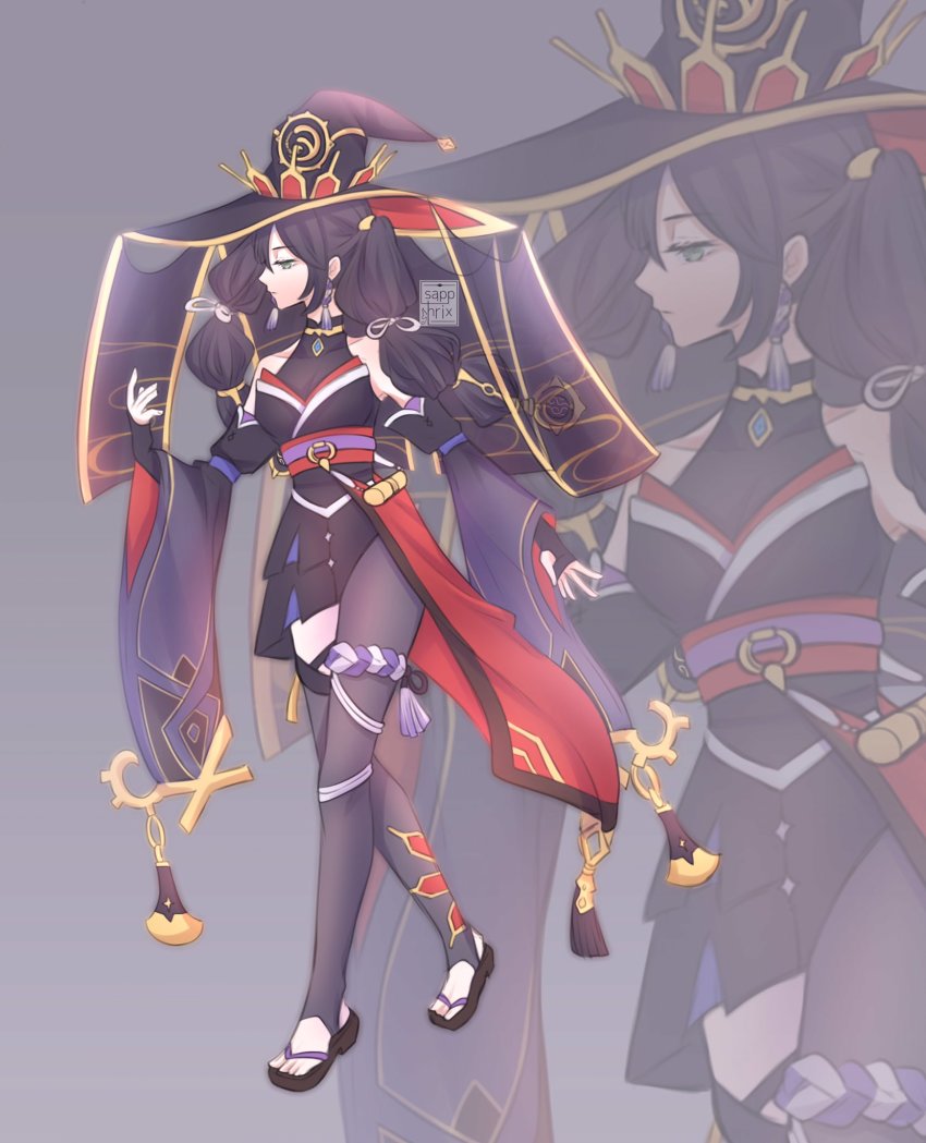 1girl, adapted_costume, alternate_costume, alternate_hairstyle, asymmetrical_legwear, black_gloves, black_hair, black_legwear, blue_eyes, braid, breasts, cleavage, collarbone, commentary, cosplay, detached_sleeves, earrings, english_commentary, fingerless_gloves, full_body, genshin_impact, gloves, hair_between_eyes, hair_ornament, hat, highres, japanese_clothes, jewelry, long_hair, looking_away, looking_to_the_side, mismatched_legwear, mona_(genshin_impact), obi, sapphrixrain, sash, scaramouche_(genshin_impact), scaramouche_(genshin_impact)_(cosplay), sidelocks, solo, thighlet, turtleneck, twin_braids, twintails, veil, walking, wide_sleeves, witch_hat, zoom_layer