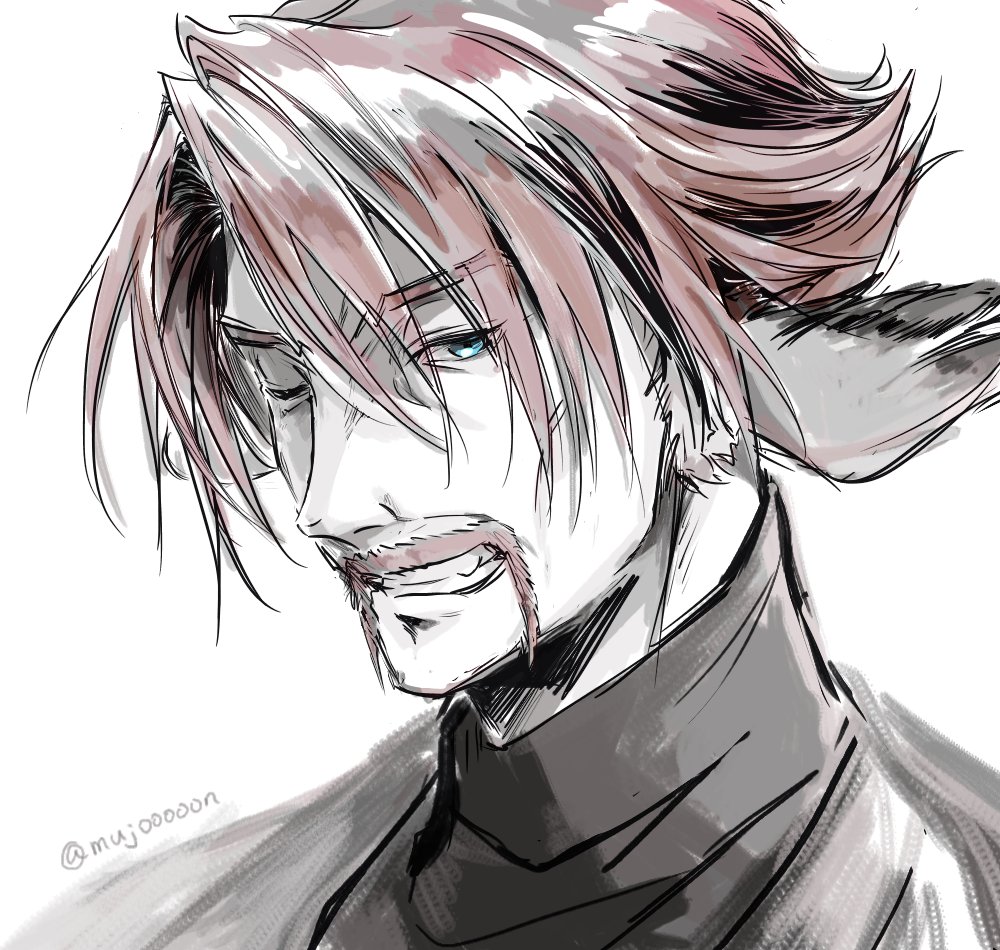 1boy, animal_ears, aquaplus, blue_eyes, facial_hair, fang, genho_(utawarerumono), grin