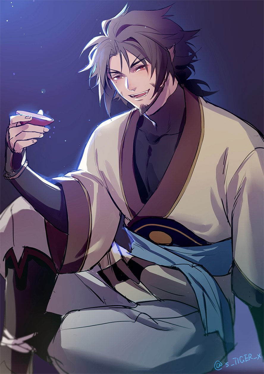 1boy, 321wei, aquaplus, beard, blush, brown_hair, choko_(cup), cup