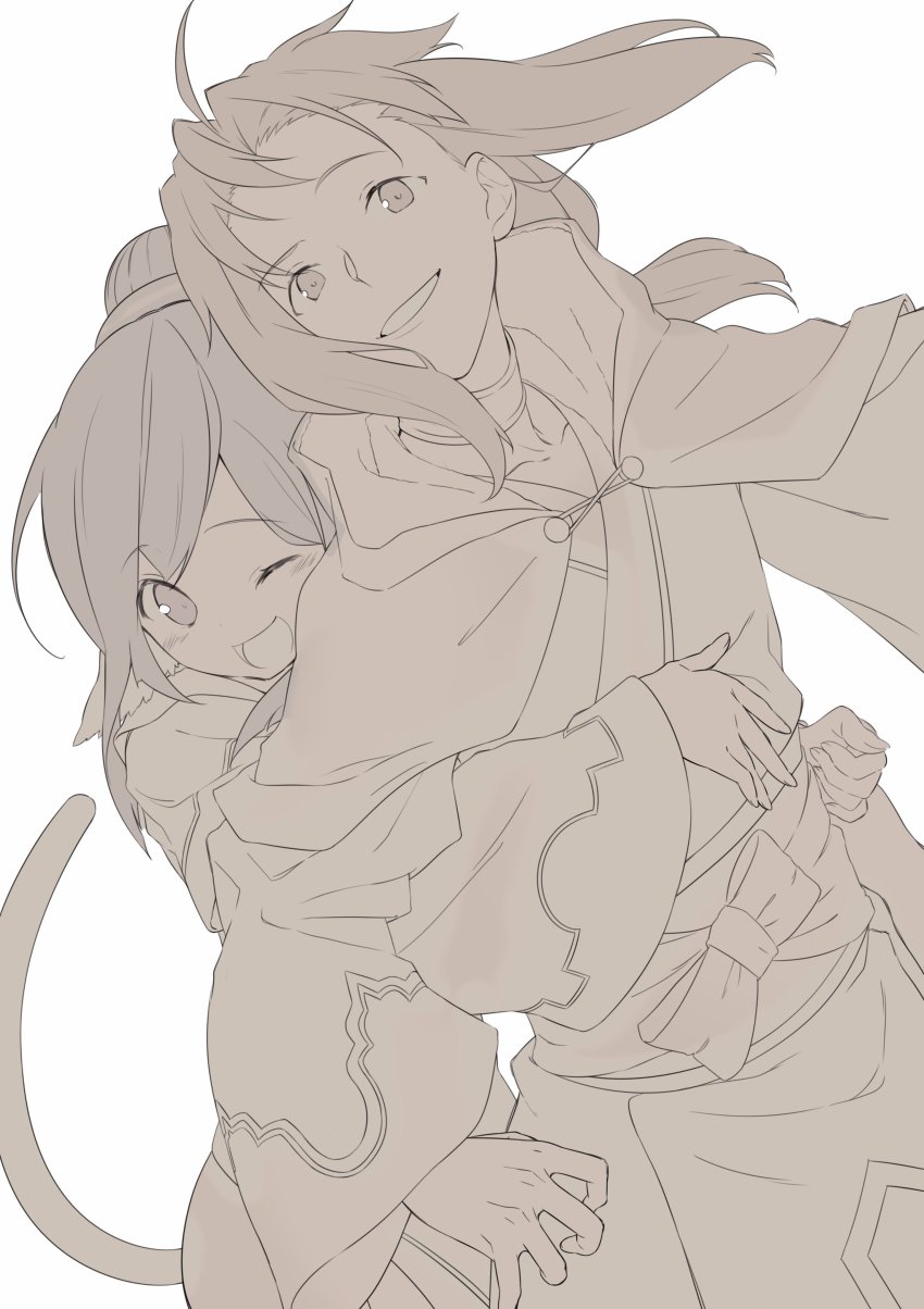 1boy, 1girl, absurdres, ahoge, ainu_clothes, animal_ears, aquaplus, black_eyes, black_hair, cat_tail, cowboy_shot, dress, from_side, full_body, greyscale, hair_between_eyes, haku_(utawarerumono), height_difference, highres, hood, hood_down, hug, kuon_(utawarerumono), layered_sleeves, long_hair, long_sleeves, looking_at_viewer, mido0021, monochrome, one_eye_closed, open_mouth, ponytail, raised_eyebrows, sidelocks, tail, utawarerumono, utawarerumono:_itsuwari_no_kamen, variations