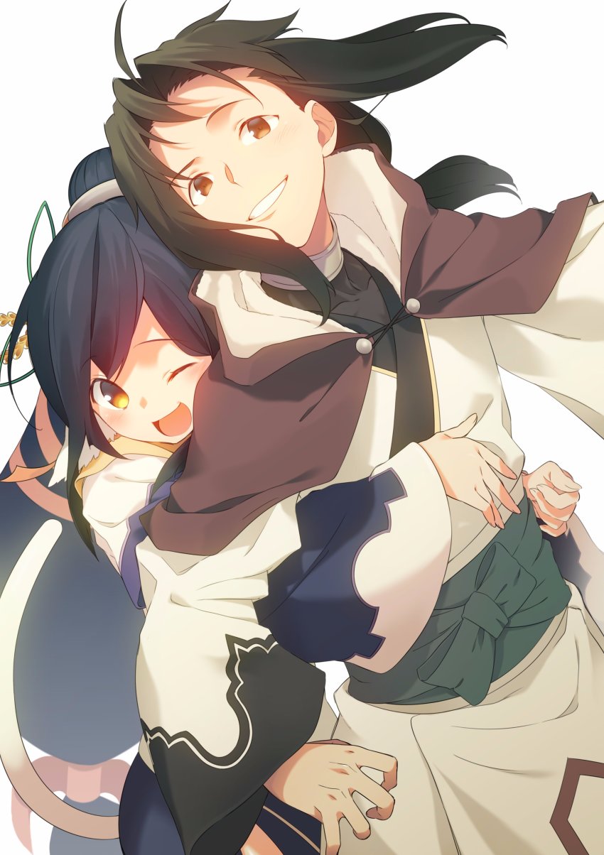 1boy, 1girl, absurdly_long_hair, absurdres, ahoge, ainu_clothes, animal_ears, aquaplus, black_hair, brown_eyes, brown_hair, cat_tail, cowboy_shot, dress, from_side, full_body, gradient_eyes, hair_between_eyes, hair_ornament, haku_(utawarerumono), height_difference, highres, hood, hood_down, hug, kuon_(utawarerumono), layered_sleeves, long_hair, long_sleeves, looking_at_viewer, mido0021, multicolored_eyes, one_eye_closed, open_mouth, orange_eyes, ponytail, raised_eyebrows, sidelocks, tail, teeth, tongue, utawarerumono, utawarerumono:_itsuwari_no_kamen, variations, very_long_hair, yellow_eyes