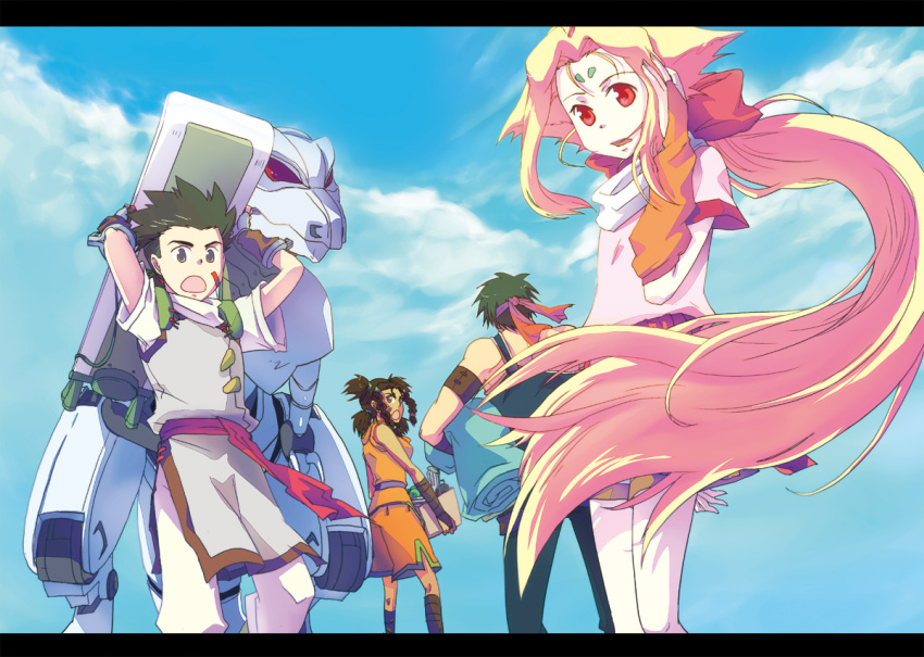 2boys, 2girls, box, brown_hair, cloud, day, facial_mark, fiona_(zoids), forehead_mark, headband, hoverboard, irvine, long_hair, matsu_(nia), matsu_(pixiv), moonbay, multiple_boys, multiple_girls, open_mouth, red_eyes, sky, van_flyheight, very_long_hair, wind, zeke_(zoids), zoids, zoids_chaotic_century