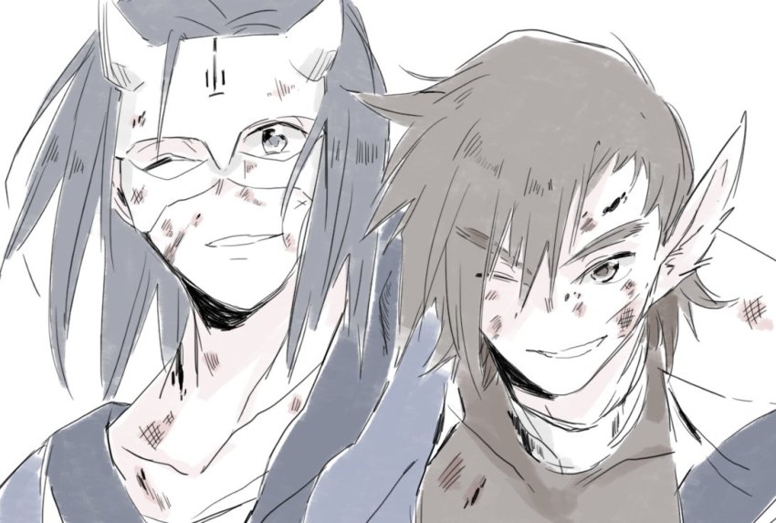 2boys, aquaplus, arm_over_shoulder, black_eyes, black_hair, brown_eyes, brown_hair, collarbone