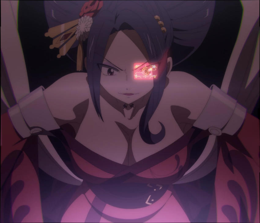 1girl, anime_screenshot, bare_shoulders, breasts, cleavage, eden's_zero, eyeshadow, hair_ornament