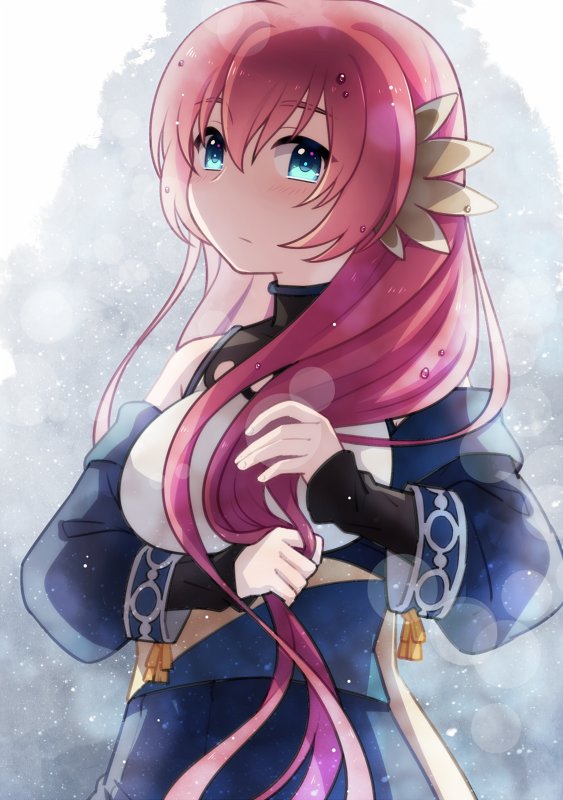 1girl, absurdly_long_hair, ainu_clothes, animal_ears, aquaplus, blue_eyes, breasts, gradient_eyes, hair_between_eyes, hair_down, holding, holding_own_hair, large_breasts, long_hair, multicolored_eyes, nosuri, off_shoulder, patapata0o, raised_eyebrows, red_hair, sidelocks, solo, upper_body, utawarerumono, utawarerumono:_itsuwari_no_kamen, very_long_hair