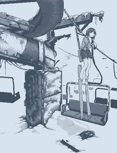 1girl, blazer, broken, chairlift, clinging, closed_mouth, empty_eyes, hamsterfragment