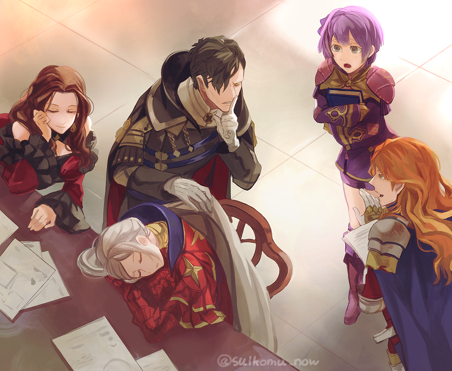 2boys, 3girls, armor, armored_dress, bare_shoulders, bernadetta_von_varley, bernadetta_von_varley_(timeskip), black_cape