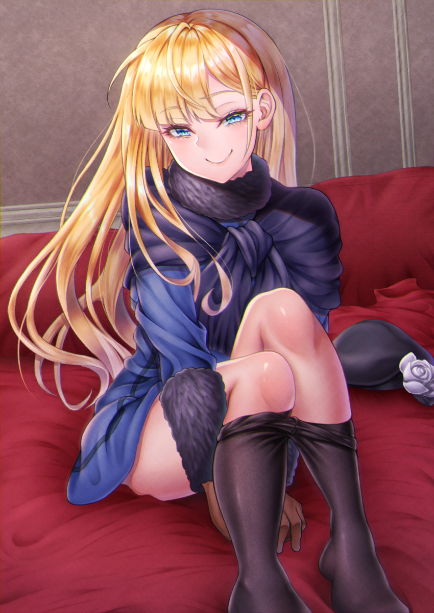 1girl, black_hat, blonde_hair, blue_coat, blue_jacket, brown_gloves, clothes_pull, coat, commentary_request, donkikong_(pixiv17278003), fate/grand_order, fate_(series), fur-trimmed_coat, fur_trim, gloves, hat, highres, jacket, long_hair, looking_at_viewer, lord_el-melloi_ii_case_files, pantyhose, pantyhose_pull, reines_el-melloi_archisorte, sitting, smile, solo, undressing, unworn_hat, unworn_headwear