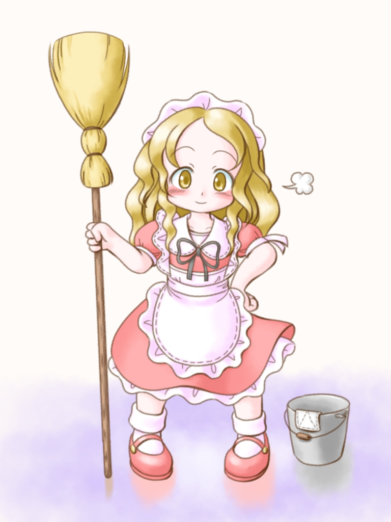 apron, blonde_hair, bow, broom, bucket, dress, echigo_yaya, frilled_skirt