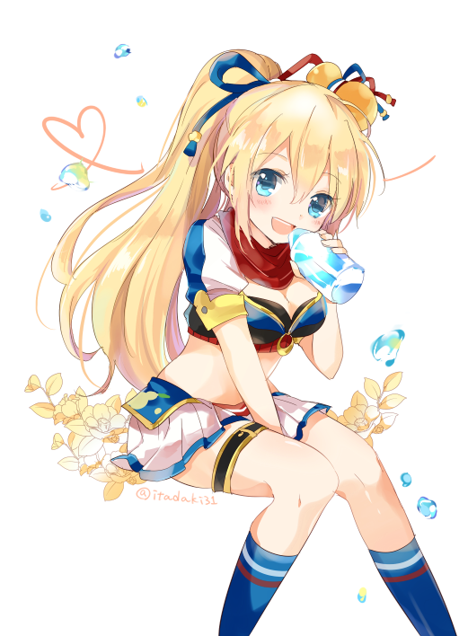 1girl, :d, aqua_eyes, blonde_hair, blue_legwear, blue_skirt, blush, bottle, breasts, fran_(shironeko_project), hair_between_eyes, hair_ribbon, holding, holding_bottle, itadaki31, long_hair, miniskirt, open_mouth, pleated_skirt, ponytail, ribbon, shironeko_project, short_sleeves, simple_background, sitting, skirt, smile, solo, twitter_username, white_background, white_skirt