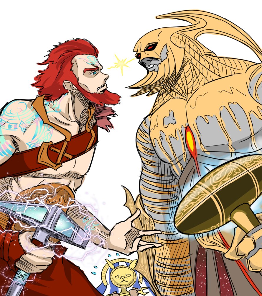 1girl, 2boys, akmon_(hammer), ancient_egyptian, ancient_greek_clothes, animal_mask, blue_eyes, colored_skin