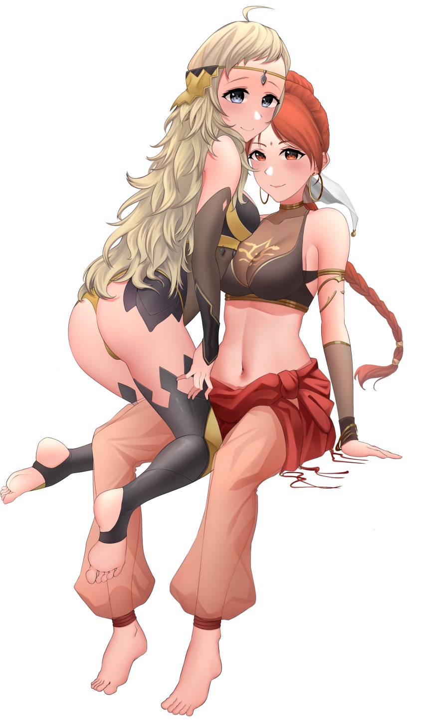 2girls, absurdres, ahoge, ass, bare_shoulders, barefoot, blonde_hair, bodystocking