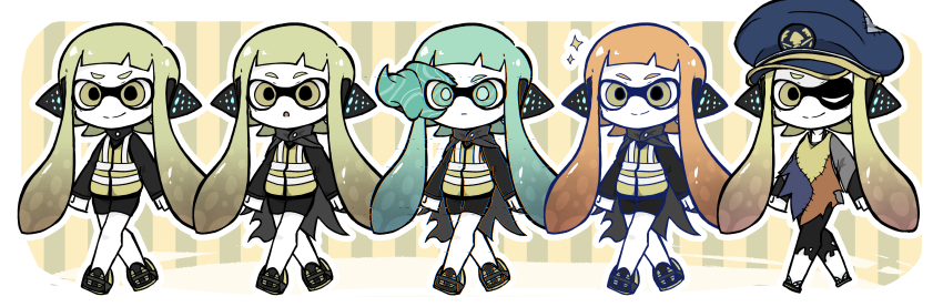 absurdres, agent_3_(splatoon), akekawa1536, aqua_hair, captain_3_(splatoon), cloak, green_eyes, green_hair, hat, highres, inkling, inkling_girl, inkling_player_character, mind_control, multiple_persona, nintendo, one_eye_closed, orange_hair, peaked_cap, pointy_ears, poncho, short_shorts, shorts, smile, sparkle, splatoon_(series), splatoon_1, splatoon_2, splatoon_2:_octo_expansion, splatoon_3, walking