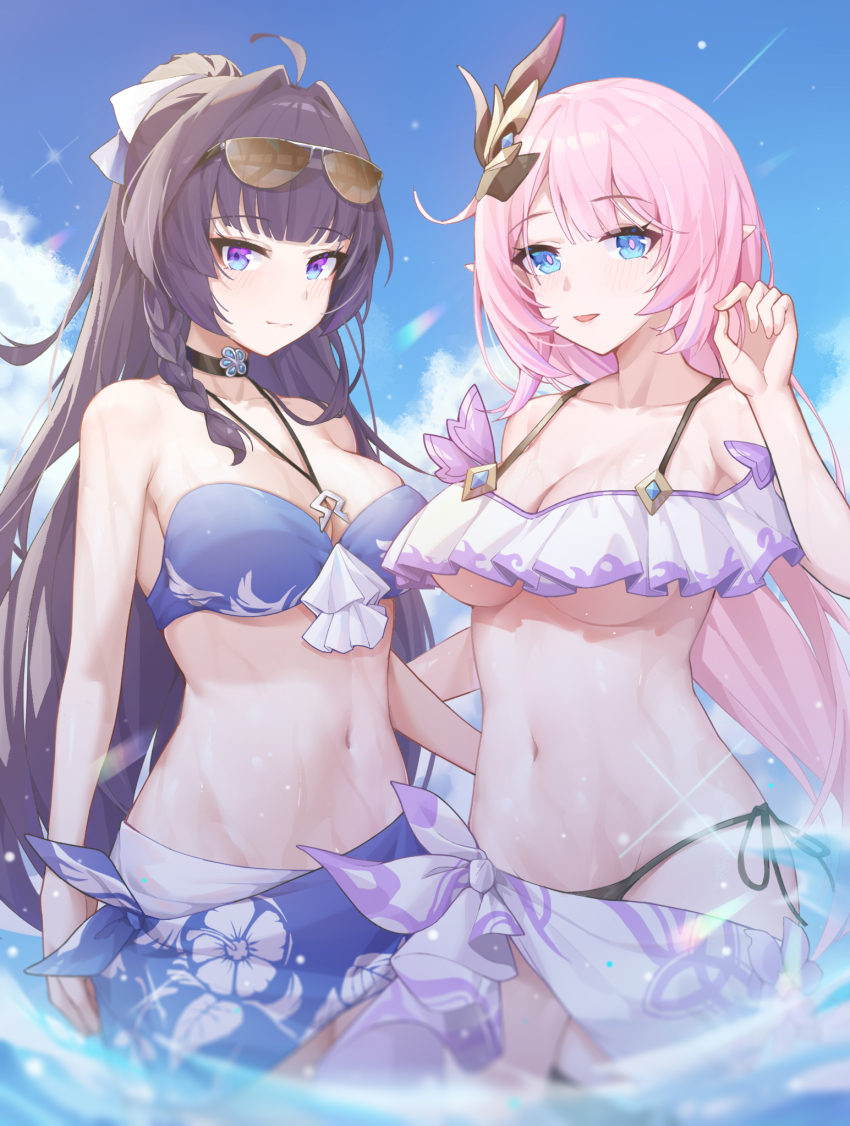 2girls, ahoge, alternate_costume, bare_shoulders, bikini, black_bikini, blue_eyes, blue_sky