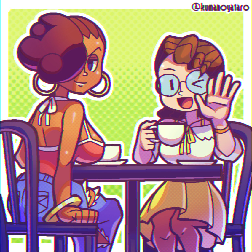 2girls, alternate_costume, alternate_hairstyle, bracelet, brown_hair, casual, chair, cup, dark-skinned_female, dark_skin, denim, dotted_background, earrings, glasses, green_background, half-closed_eyes, highres, hoop_earrings, jeans, jewelry, kumanoyataro, looking_at_viewer, molly_(skullgirls), multiple_girls, one_eye_closed, open_mouth, pants, roxie_(skullgirls), sitting, skullgirls, smile, table, teacup, torn_clothes, torn_legwear, waving