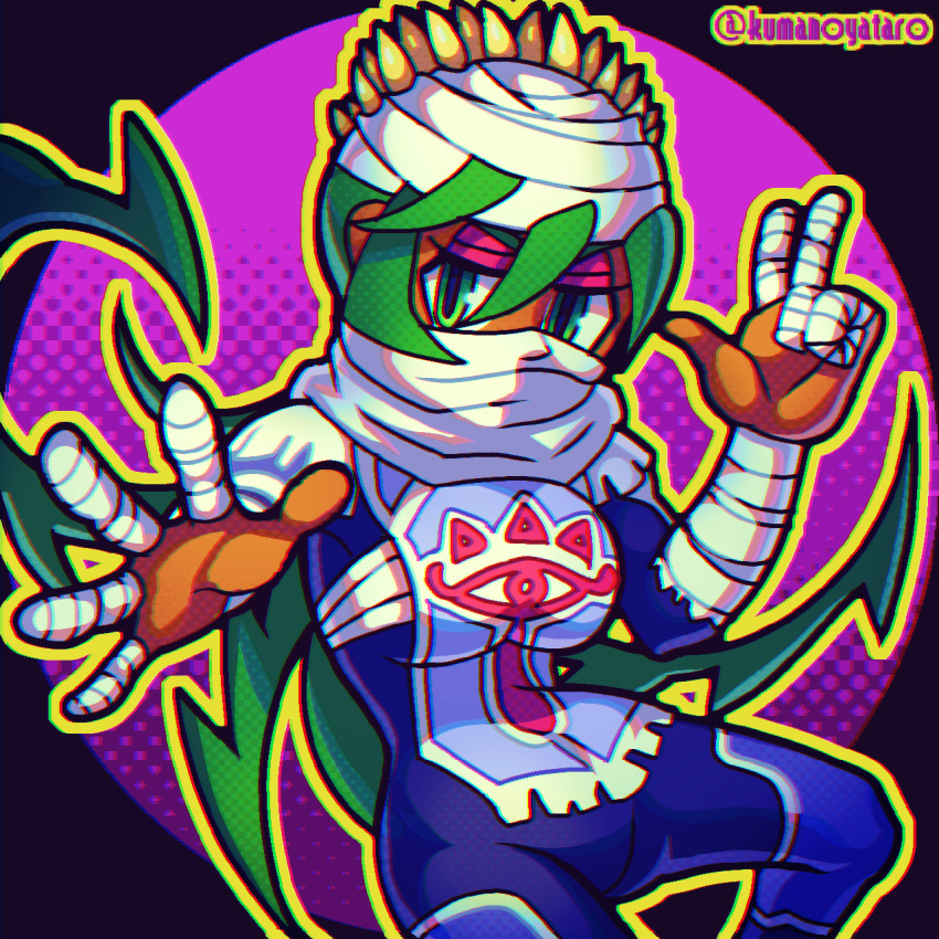 1girl, arm_wrap, breasts, cosplay, dark-skinned_female, dark_skin, eyeshadow, finger_wrap