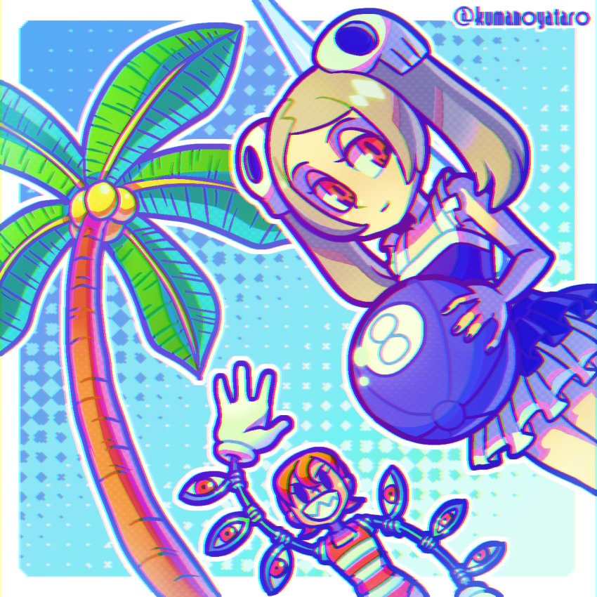 2girls, alternate_costume, ball, beachball, bloody_marie_(skullgirls), blue_background, coconut, cowboy_shot