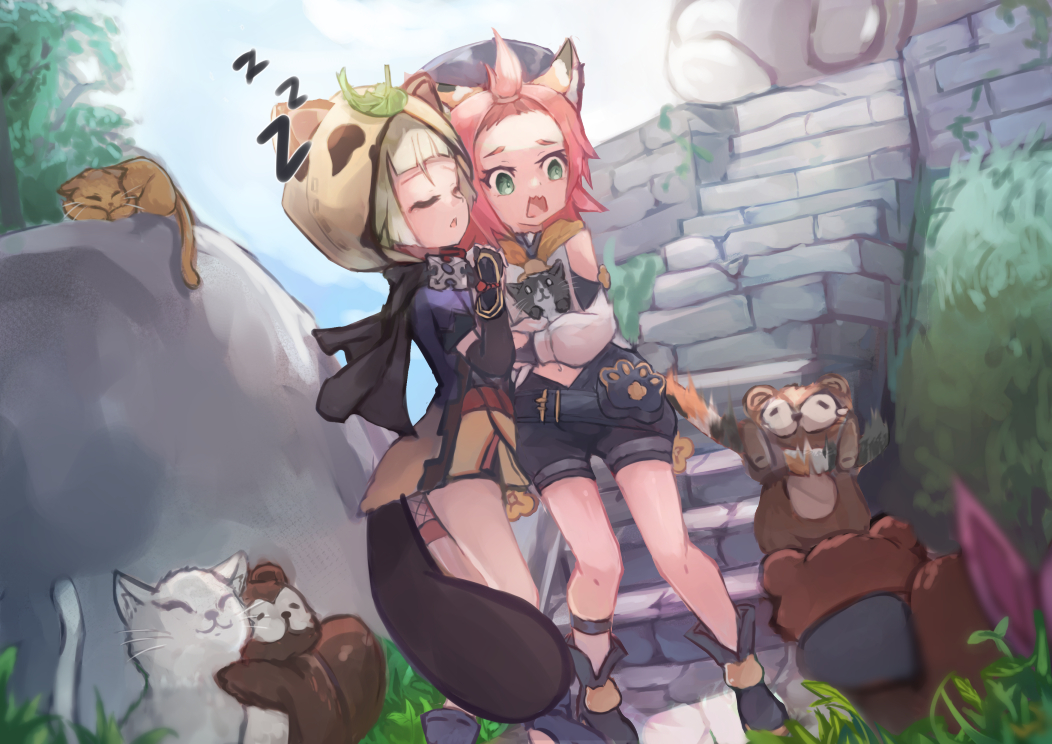 2girls, :o, animal, animal_ear_fluff, animal_ears, animal_hood, animal_hug, arm_guards, bag, bake-danuki_(genshin_impact), bangs_pinned_back, black_gloves, black_scarf, black_shorts, blunt_bangs, blurry, cat, cat_ears, cat_girl, cat_tail, closed_eyes, depth_of_field, detached_sleeves, diona_(genshin_impact), elxion, fake_animal_ears, fake_tail, fingerless_gloves, fishnets, forehead, genshin_impact, gloves, green_eyes, hair_between_eyes, hat, hood, hugging_another's_tail, japanese_clothes, leaf, leaf_on_head, long_sleeves, multiple_girls, navel, ninja, obi, parted_lips, paw_print, pink_hair, puffy_detached_sleeves, puffy_shorts, puffy_sleeves, raccoon, raccoon_ears, raccoon_tail, rock, sash, sayu_(genshin_impact), scarf, short_hair, short_sleeves, shorts, shuriken, sidelocks, sleeping, stairs, statue, surprised, tail, hugging_tail, thick_eyebrows, weapon, zzz