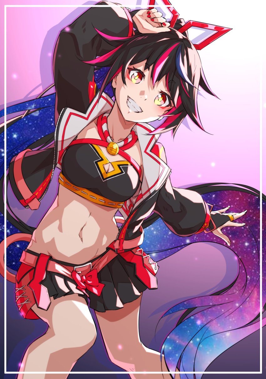 1girl, commentary_request, criss-cross_halter, cropped_jacket, fingernails, full_body, halterneck, hanjo_tv, highres, jacket, kimino_miya, looking_at_viewer, midriff, nail_polish, navel, open_clothes, open_jacket, ponytail, red_eyes, red_nails, sakuria, skirt, solo, virtual_youtuber, yellow_pupils