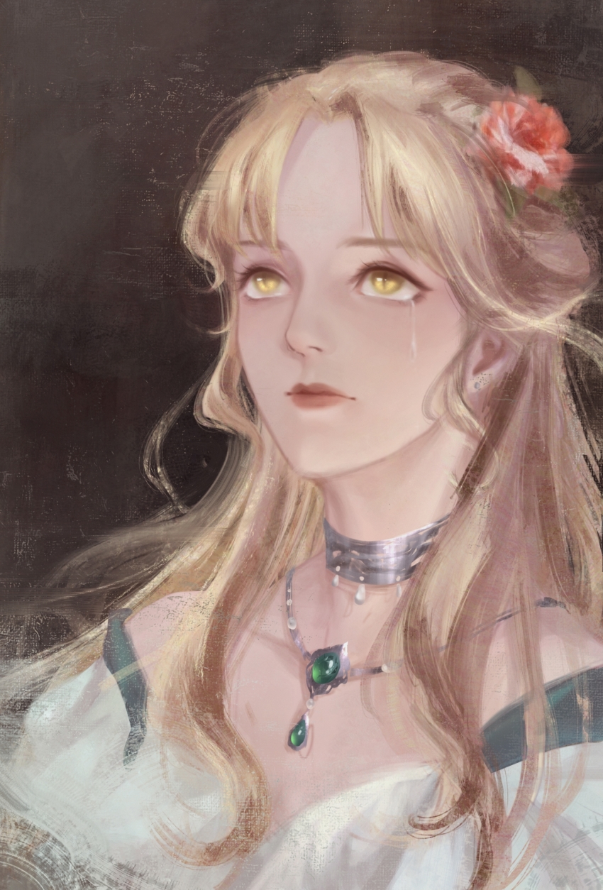 1girl, audrey_hall, blonde_hair, breasts, chinese_commentary, choker, cleavage, collarbone