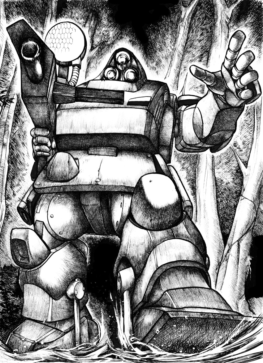absurdres, gun, highres, kikou_ryouhei_mellowlink, mecha, monochrome, mud, no_humans