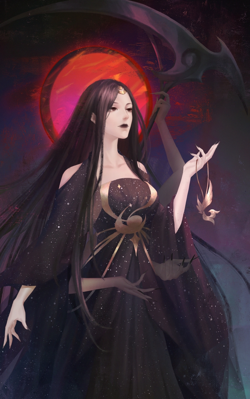 1girl, absurdres, arm_up, black_dress, black_hair, breasts, chinese_commentary, cleavage, commentary_request, dress, empty_eyes, evernight_goddess, extra_arms, halo, hand_up, highres, lips, long_dress, long_hair, looking_up, lord_of_the_mysteries, moon, nail_polish, night, red_moon, renshengruxi310, scythe, sky, solo, tiara