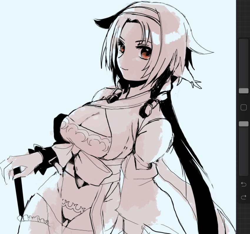 1girl, ainu_clothes, animal_ears, aquaplus, bare_shoulders, braid, breasts, cleavage