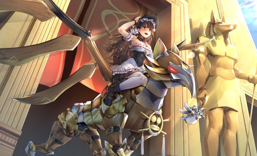 1girl, absurdres, black_corset, black_footwear, breasts, brown_hair, building, corset