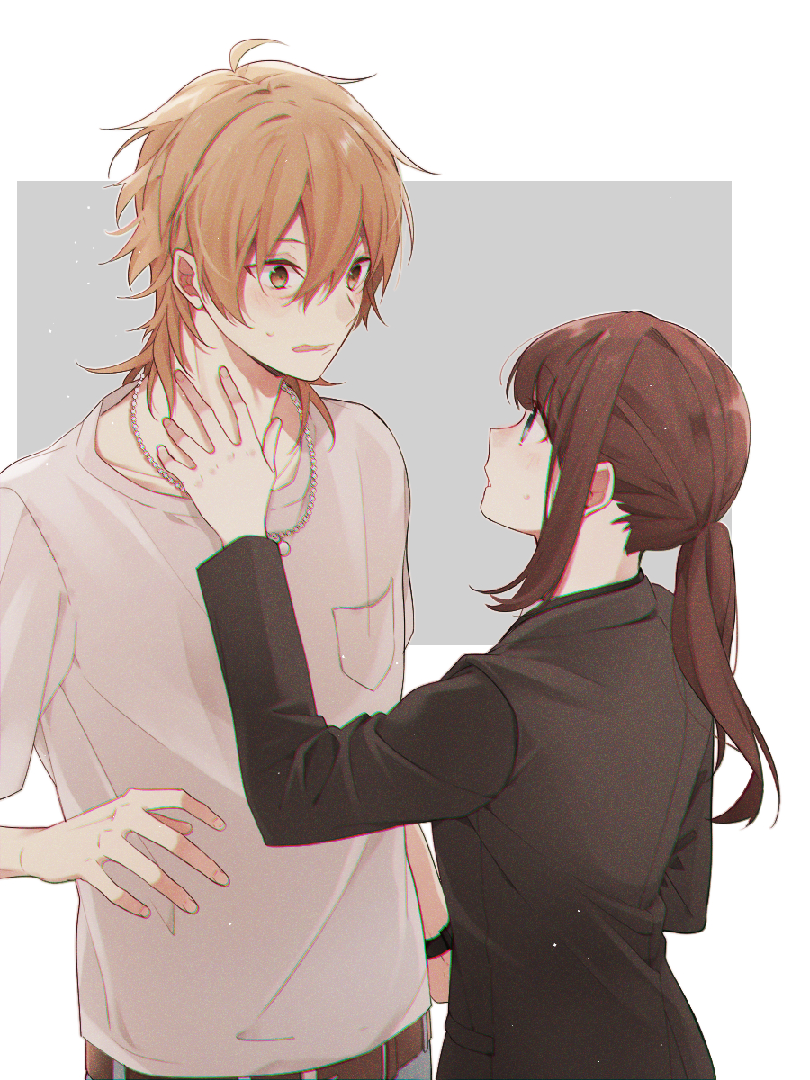 1boy, 1girl, anzu_(ensemble_stars!), azs_kn, blonde_hair, blue_eyes, blush, brown_hair, business_suit, ensemble_stars!, formal_clothes, hakaze_kaoru, highres, jewelry, long_hair, necklace, office_lady, aged_up, ponytail, skirt, skirt_suit, suit, yellow_eyes