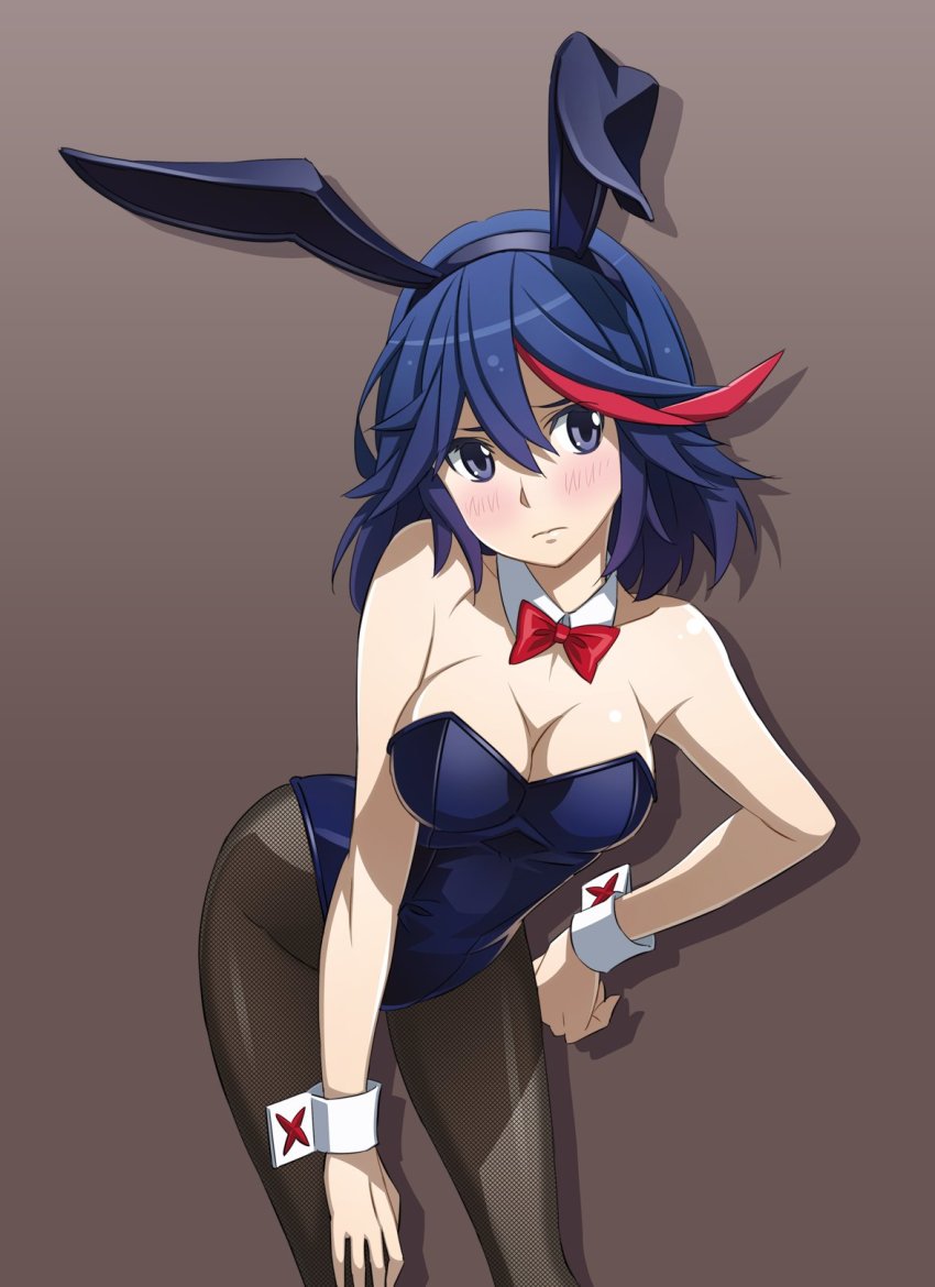 animal_ears, bent_over, black_pantyhose, blue_hair, blue_leotard, blush, bob_cut, bow