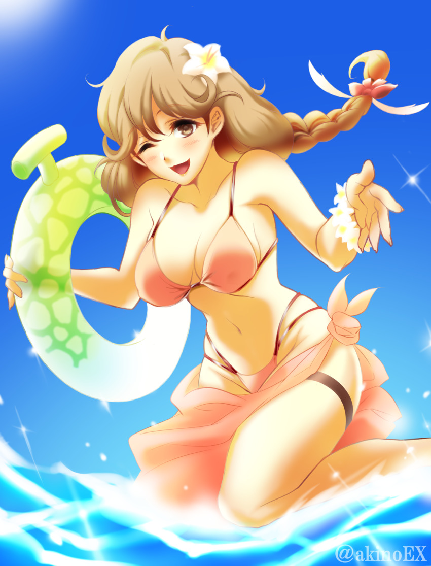 1girl, ;d, akino_(gokosei), alternate_costume, bikini, blue_sky, blush, bow