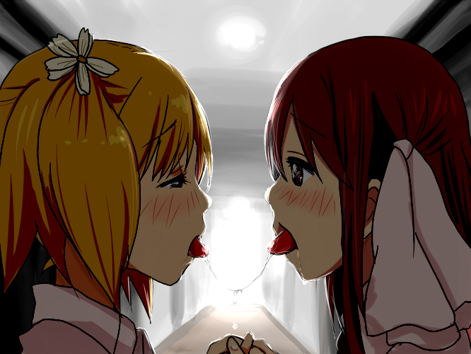 2girls, blonde_hair, blush, dripping, facing_another, flower, green_eyes, hallway, handkerchief, holding_hands, kiss, looking_at_another, multiple_girls, nullhachi, pink_hair, red_eyes, sakura_trick, saliva, saliva_trail, school, school_uniform, sonoda_yuu, takayama_haruka, yuri