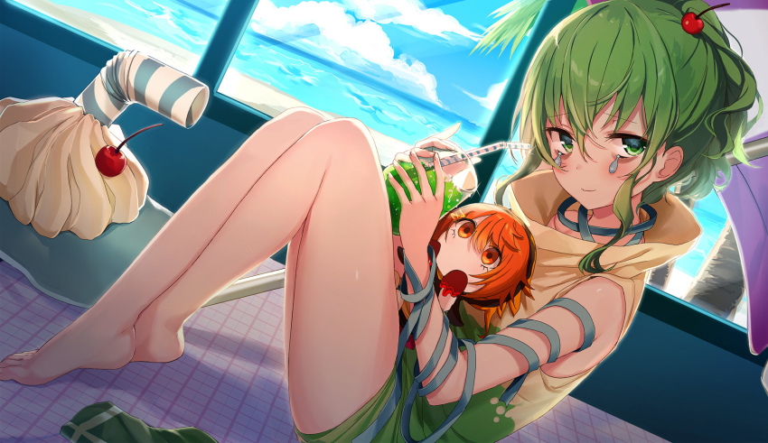 1girl, alternate_hairstyle, bare_legs, beach, blue_ribbon, blush, cherry, cloud