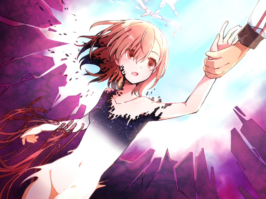 1girl, :o, action, alternate_color, arm_up, bare_shoulders, black_hair, black_skin, blue_sky, bob_cut, breaking, breasts, broken, broken_halo, brown_eyes, brown_hair, collarbone, colored_skin, completely_nude, convenient_censoring, energy, floating, glowing, glowing_skin, grey_skin, groin, hair_between_eyes, hair_over_one_eye, halo, highres, holding_another's_wrist, jacket, kamijou_touma, levitation, looking_at_another, magic, medium_hair, misaka_mikoto, misaka_mikoto_level_6_shift, nanaheibei_3, navel, nude, open_mouth, out_of_frame, psychic, purple_background, rescue, sky, small_breasts, solo_focus, surprised, telekinesis, tendril, toaru_kagaku_no_railgun, toaru_kagaku_no_railgun_t, toaru_majutsu_no_index, track_jacket, transformation, white_skin