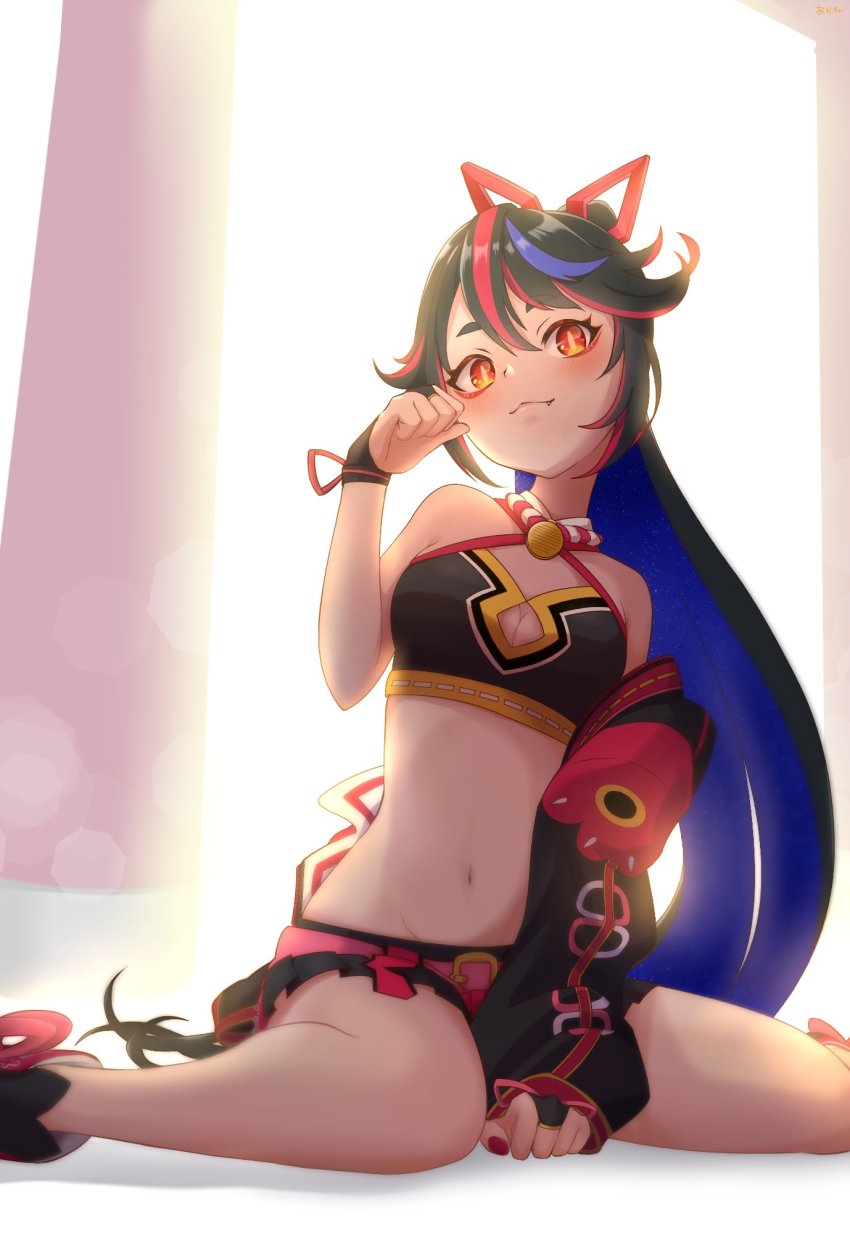 1girl, akane_(akanetgms), bare_shoulders, breasts, bridal_gauntlets, commentary_request, fang, fingernails, hair_ribbon, hanjo_tv, highres, jacket, kimino_miya, long_hair, looking_at_viewer, midriff, nail_polish, navel, open_clothes, open_jacket, ponytail, red_nails, ribbon, skirt, solo, virtual_youtuber, yellow_eyes