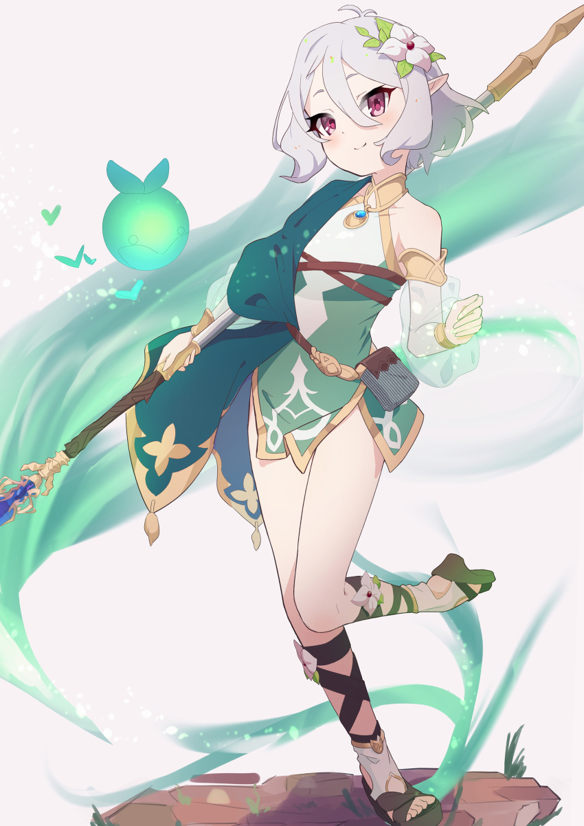 1girl, absurdres, blush, elf, hair_ornament, highres, kokkoro_(princess_connect!), pointy_ears, princess_connect!, red_eyes, short_hair, tissuebox_(artist), white_hair