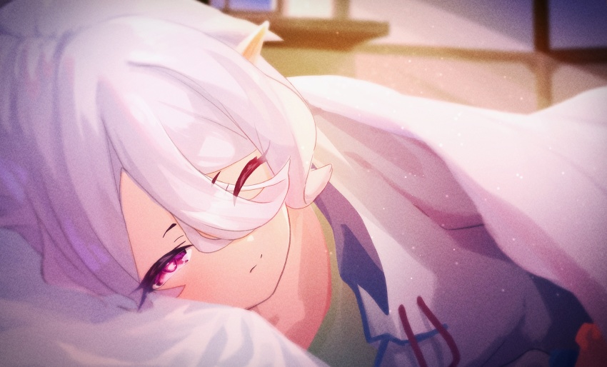 1girl, absurdres, bed, elf, highres, kokkoro_(princess_connect!), looking_at_viewer, pointy_ears