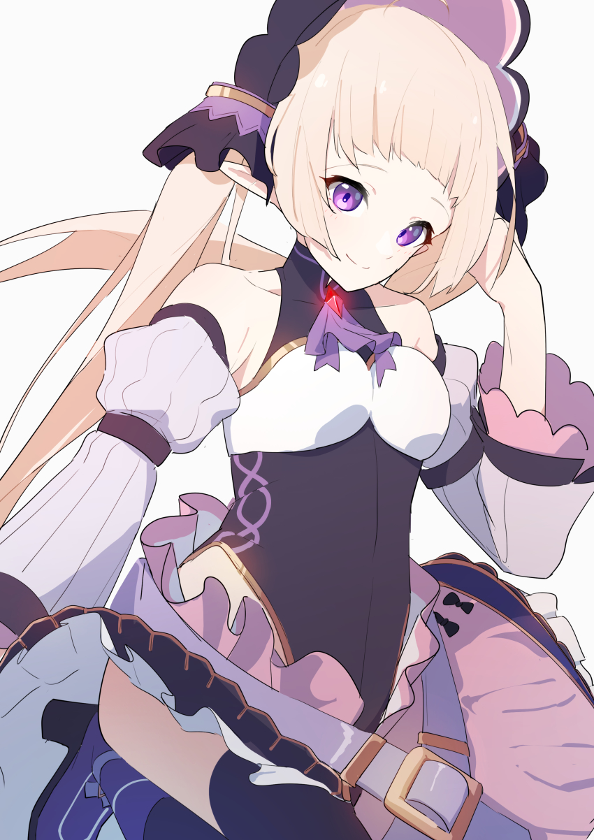 1boy, 1girl, absurdres, black_legwear, blush, elf, grey_hair, highres, pointy_ears, princess_connect!, skirt, smile, tissuebox_(artist), trap, twintails, yuki_(princess_connect!)