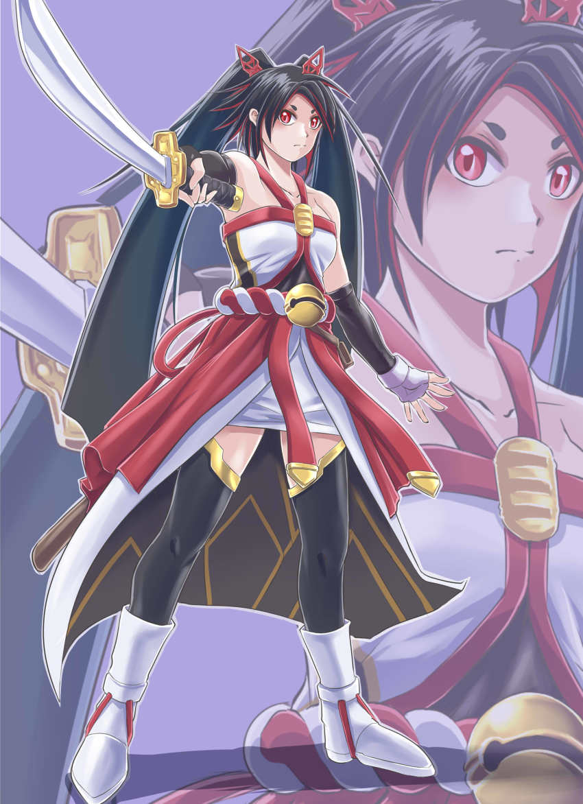 1girl, absurdres, bare_shoulders, bell, black_hair, black_thighhighs, breasts, collarbone, commentary_request, hanjo_tv, highres, holding, holding_sword, holding_weapon, jingle_bell, katana, kimino_miya, long_hair, nikulas_cage, red_eyes, solo, sword, thighhighs, virtual_youtuber, weapon