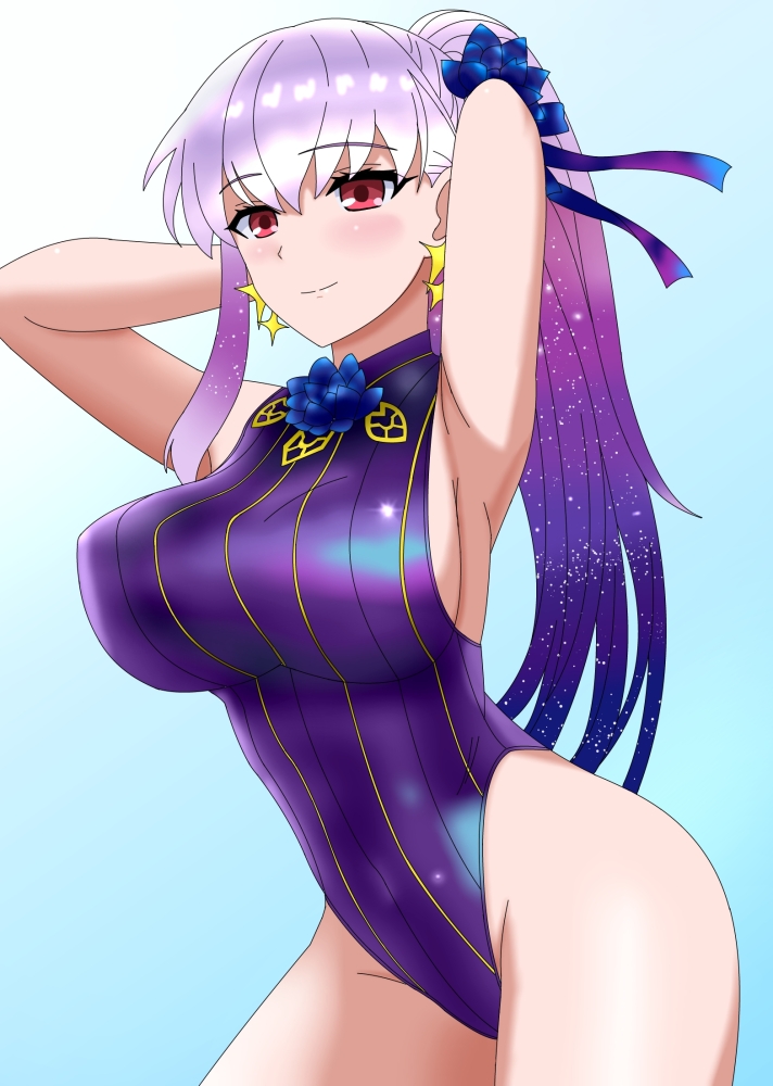 1girl, armpits, arms_behind_head, arms_up, bare_shoulders, blue_hair, blue_one-piece_swimsuit, blush