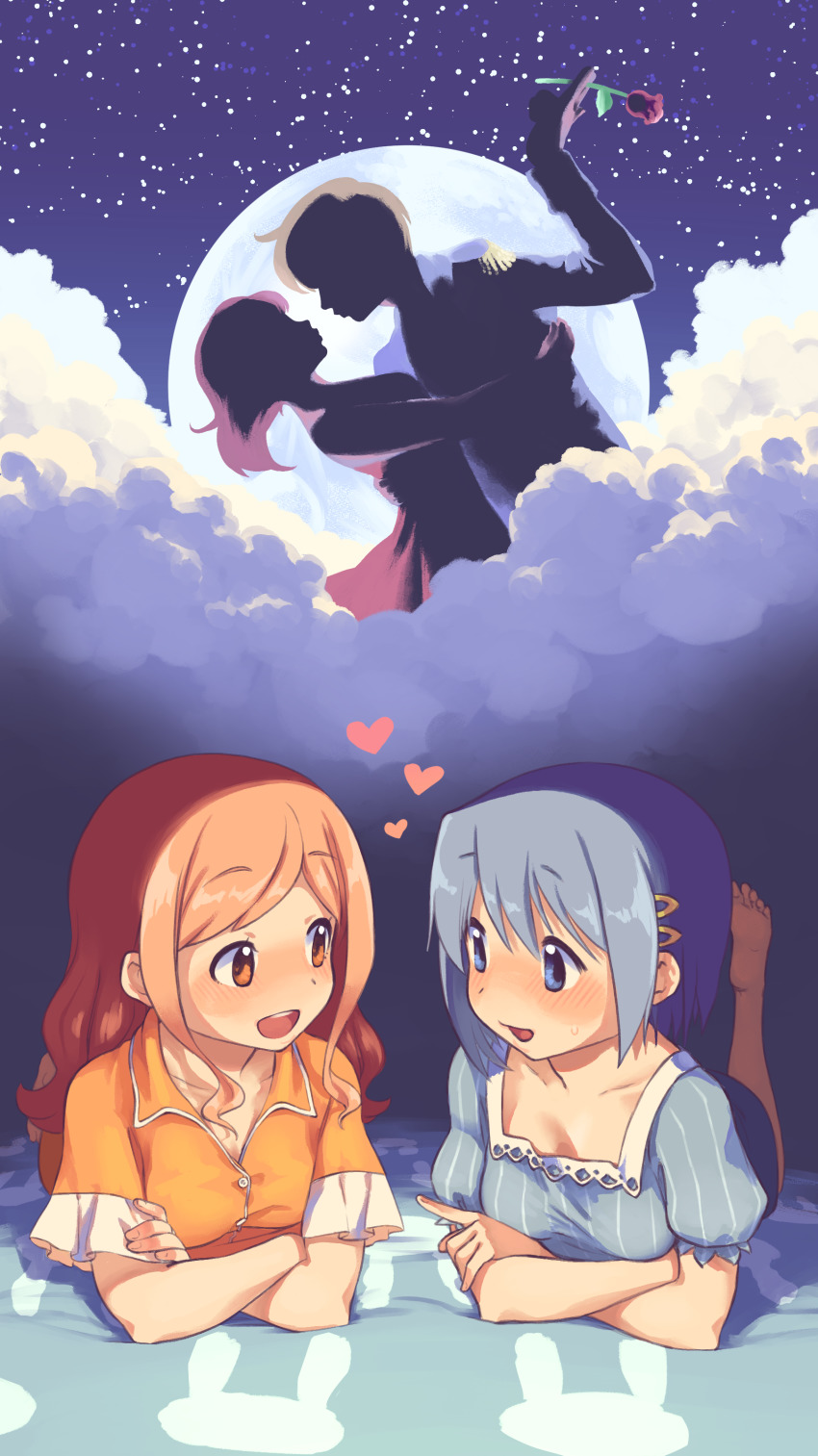 2girls, absurdres, blue_eyes, blue_hair, blush, breasts, cloud, collarbone